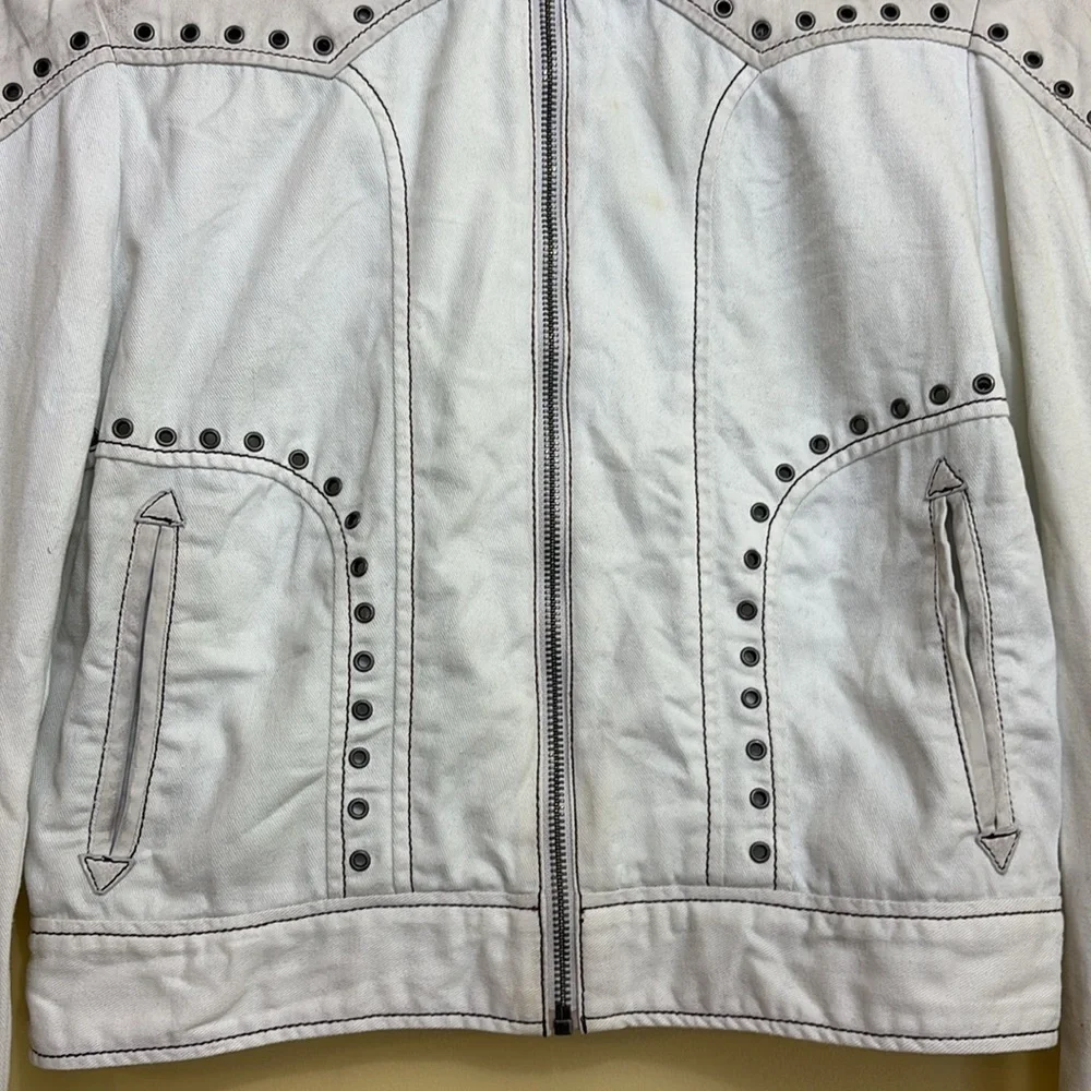 Jakket NY | Cream White Leather & Twill Riveted Studded Zip Pocket Moto Jacket S